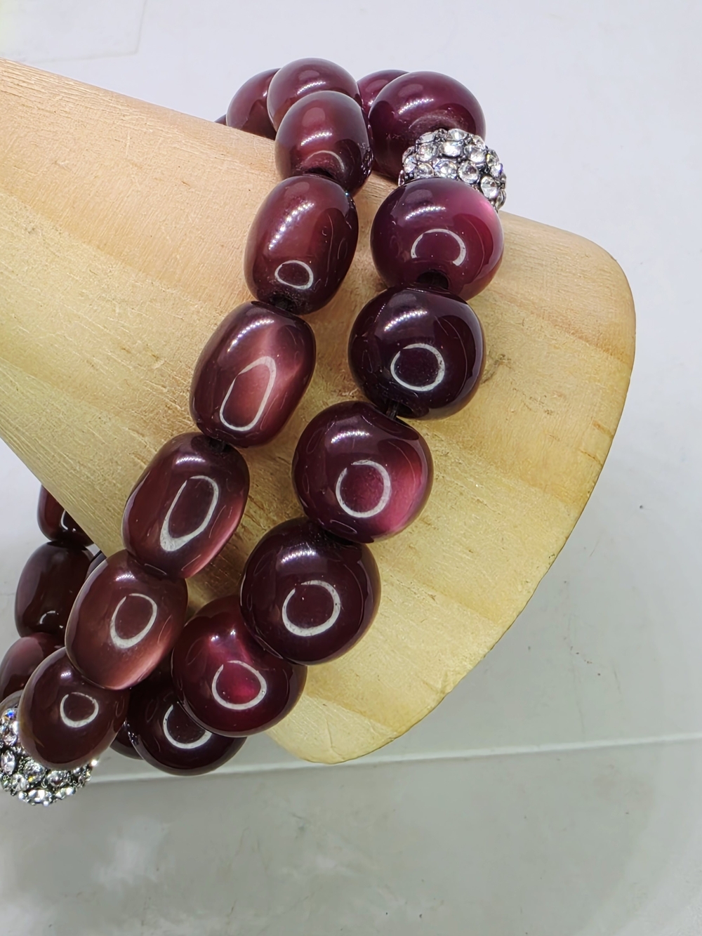 Vintage Burgundy Cat Eye Stack Stretch Bracelet Rhinestone Pave Disco Bead Lot 2 - Picture 4 of 7